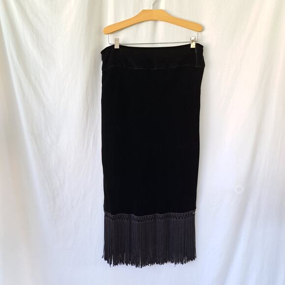 Kenneth Cole Black Velvet Fringe Midi Skirt Size 8 Dance Dressy Artsy Faux Wrap - Picture 8 of 9
